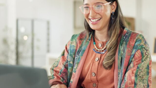 Business woman, laughing or laptop typing in cafe for comic web design, startup logo or creative meme branding. Smile, happy or funny employee on remote work technology, joke research or comedy email