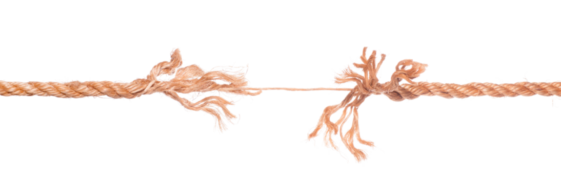 Long frayed rope near to break. Isolated png with transparency