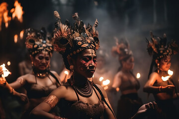 Enchanting Rhythm. Group of Balinese dancers performing the Kecak fire dance. Cultural and mesmerizing performance concept. AI Generative