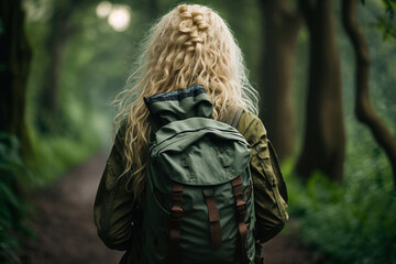Woman from behind with a backpack in green forest. Generative AI