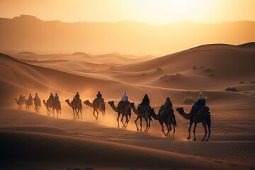 Fototapeta na wymiar The Beauty of the Sahara Berberes: Bedouin African Nomads Riding Camels Through the Saharan Dunes AI Generative