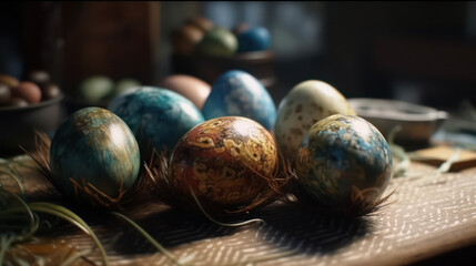 Indoor photography of traditionally painted Easter eggs with low camera position