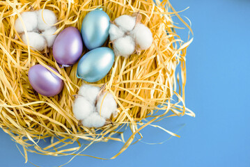 Close-up of a nest and several multi-colored eggs on a blue background. Minimalistic Easter concept. Place for text.