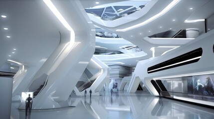 Design concept of a futuristic shopping mall interior, showcasing innovative architecture, advanced technology, and modern aesthetics for a unique retail experience. Crafted by AI.
