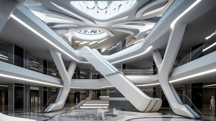 Design concept of a futuristic shopping mall interior, showcasing innovative architecture, advanced technology, and modern aesthetics for a unique retail experience. Crafted by AI. - obrazy, fototapety, plakaty