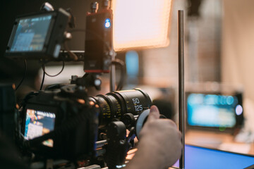 Professional cinema and video camera on the set. Technique of modern filming and advertising.