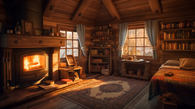 a cozy log cabin large fireplace with books in the library, home, warm, family, lodging, Generative AI,