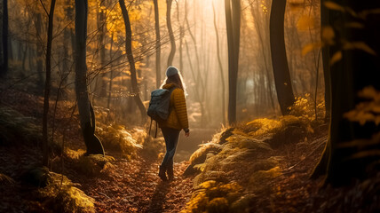 Obraz premium hiker walking towards the bright golden rays of light in the forest, Generative AI,