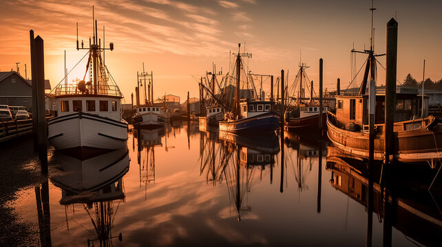 pier with several boats, dusk, boats, spring, water, tide, travel, Generative AI,