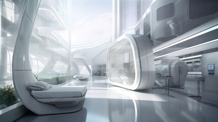 Design concept of a futuristic hospital, combining advanced technology and innovative architecture in a cutting-edge healthcare environment. Imagined by AI.