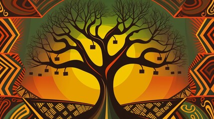 A vibrant and bold Juneteenth graphic design featuring a stylized tree, representing the growth and resilience of the African American community. Created using generative AI tools