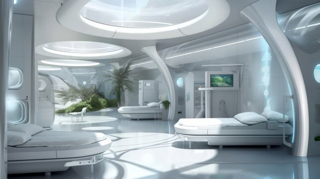 Design concept of a futuristic hospital, combining advanced technology and innovative architecture in a cutting-edge healthcare environment. Imagined by AI.