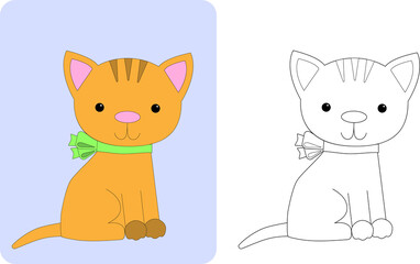 Coloring page. Cute kitten with a green bow.