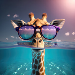 Giraffe in sunglasses in the sea. AI generative illustration. - obrazy, fototapety, plakaty