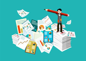 Stack of papers with man holding pencil on the top - taxes paperwork concept