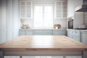 Empty wooden countertop, empty wide wooden table, blurred kitchen background, white interior. generation ai