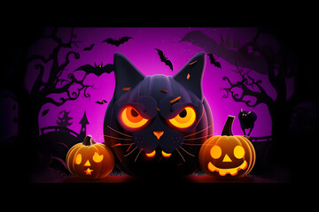 vertical illustration Halloween greeting card Holidays cartoon character halloween holiday concept. cute wicked black cat and pumpkin on dark background place for text Generative AI