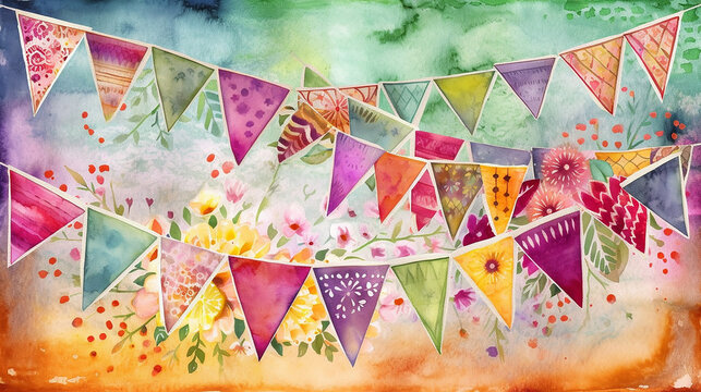 Banner horizontal com bandeirinhas e flores coloridas com espaço de cópia - Festa Junina - IA generativa
