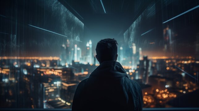 A photo-realistic image of a man gazing at a hologram city from behind, creating a sense of wonder and fascination with advanced technology. Generated by AI.