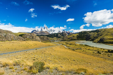 Road to El Chalten and panorama with Fitz Roy mountain at Los Glaciares National Park