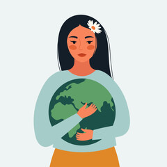 Vector illustration for Earth Day. Save the Planet. Woman holds a planet