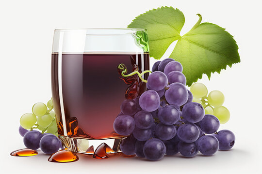Isolated Purple grapes Juice with Green Leaves  on white background Generative Ai 