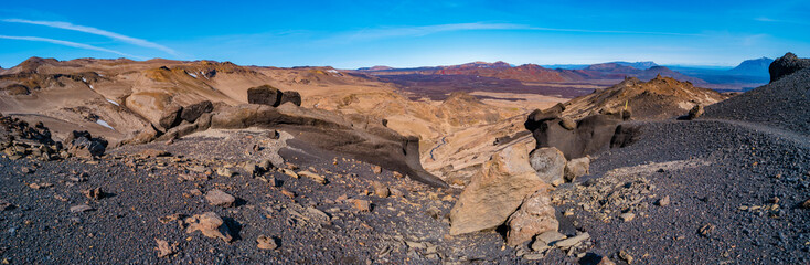 Panoramic over a hiking trail at Icelandic landscape of colorful volcanic caldera Askja, in the...