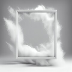 White swirling smoke square frame isolated on grey background. White color abstract smooth flowing vapour. Ai generated geometric square frame design.