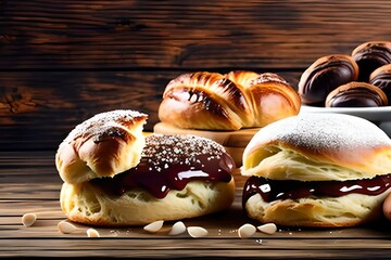 Freshly baked sweet buns puff pastry with chocolate and croissants on old wooden background. Breakfast or brunch concept with copy space, banner