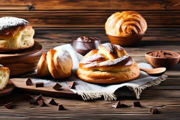 Freshly baked sweet buns puff pastry with chocolate and croissants on old wooden background. Breakfast or brunch concept with copy space, banner