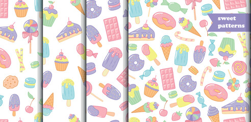 set of 4 seamless patterns with hand drawn sweet snacks doodles, cartoon elements, etc. Wallpaper, textile prints, scrapbooking, stationary, packaging, wrapping paper design. EPS 10