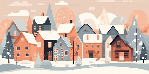 Fototapeta na wymiar Scandinavian village, little town in Winter with snow, warm pastel colors, AI generative flat illustration, cartoon in watercolor style