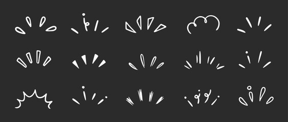 Doodle shine sunburst sparkle ray elements on chalkboard background. Hand drawn pop surprise line frame for title headline illustration. Doodle vector illustration