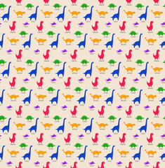 Seamless pattern of different types of the dinosaurs