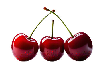 Fototapeta na wymiar a summer-themed photographic illustration featuring three juicy red cherries fruits on stems with leaves set on a transparent background in PNG. Generative AI