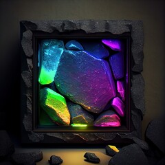 A stone square frame with colorful rocks on solid background. Natural rock texture, northern light colors. Ai generated abstract illustration with a square frame made of stone.