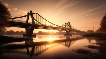 Fototapeta na wymiar Bridge over water with the sunrise in the background, creating a beautiful silhouette, AI generative warm golden landscape