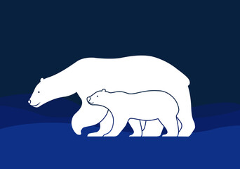 Illustration of the polar bears family on the Arctic landscape background