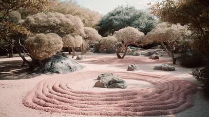 Japanese Dry Garden in Pastel Tones with Raked Sands and Stones, Zen Outdoor Space for Meditation, Introspection, and Mindfulness with Surreal Aesthetic - Generative AI