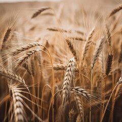 AI generated Ears of wheat on the field at sunset, shallow depth of field