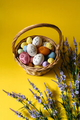 Easter basket with colored and white painted eggs on a bright yellow background and with a bouquet of violet flowers. Easter holiday, minimalism, spring composition. Free copy space for text.