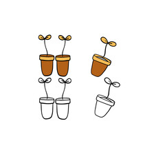Vector illustration for your design. Colored and black line outline. Garden set. Pots with seedlings.