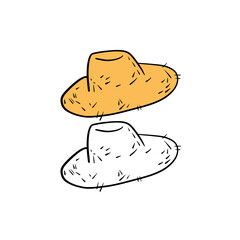 Vector illustration for your design. Colored and black line outline. Garden set. Straw hat.