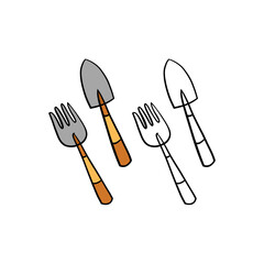 Vector illustration for your design. Colored and black line outline. Garden set. Tools. Fork and shovel