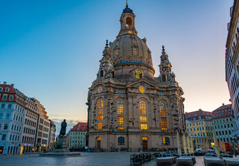 Sunrise view of Frauenkirche church and Martin Luther statue in Dresden, Germany