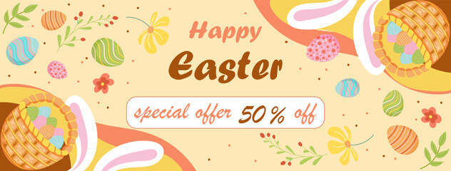 Easter banner Easter special offer in cartoon style with basket, rabbit, eggs and text frame on yellow background. design template for holiday sale. Vector illustration. 