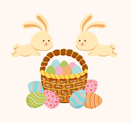 Cute funny rabbits and basket of eggs. Easter design for poster, social network post, banner, flyer, print. Vector illustration hand-drawn in cartoon style. Colored doodles.