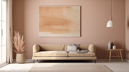 Fototapeta na wymiar Bohemian Interior Design Style living room in pastel colors mock-up with frame for picture generative ai