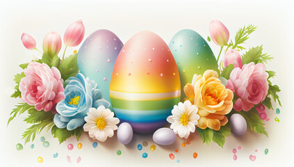 Happy Easter banner with colorful Easter eggs of rainbow colors and flowers on a white background, generative AI