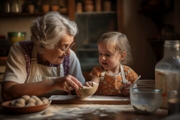 grandmother and granddaughter baking cookies - grandma and little girl baking together - generative ai - not real people - obrazy, fototapety, plakaty